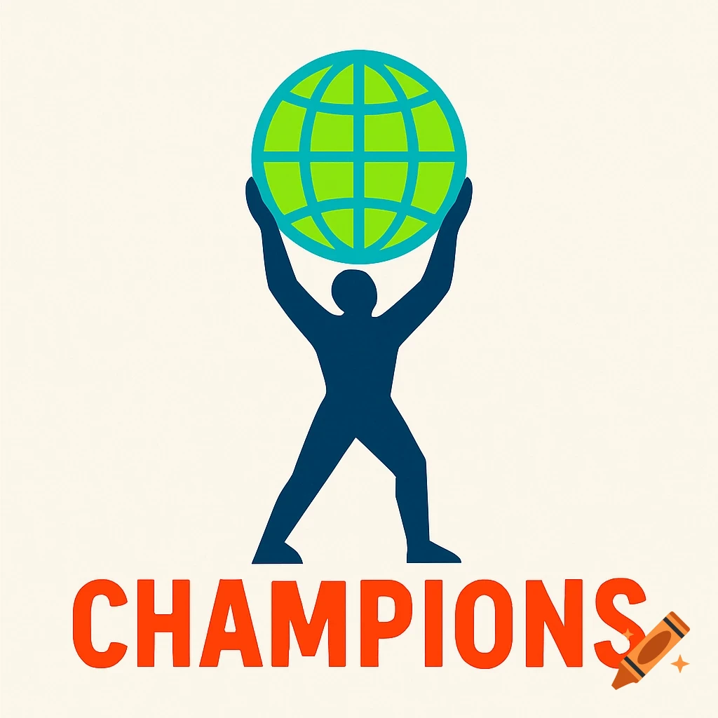 Dark blue silhouette holding up a green and blue globe with orange 'CHAMPIONS' text below.