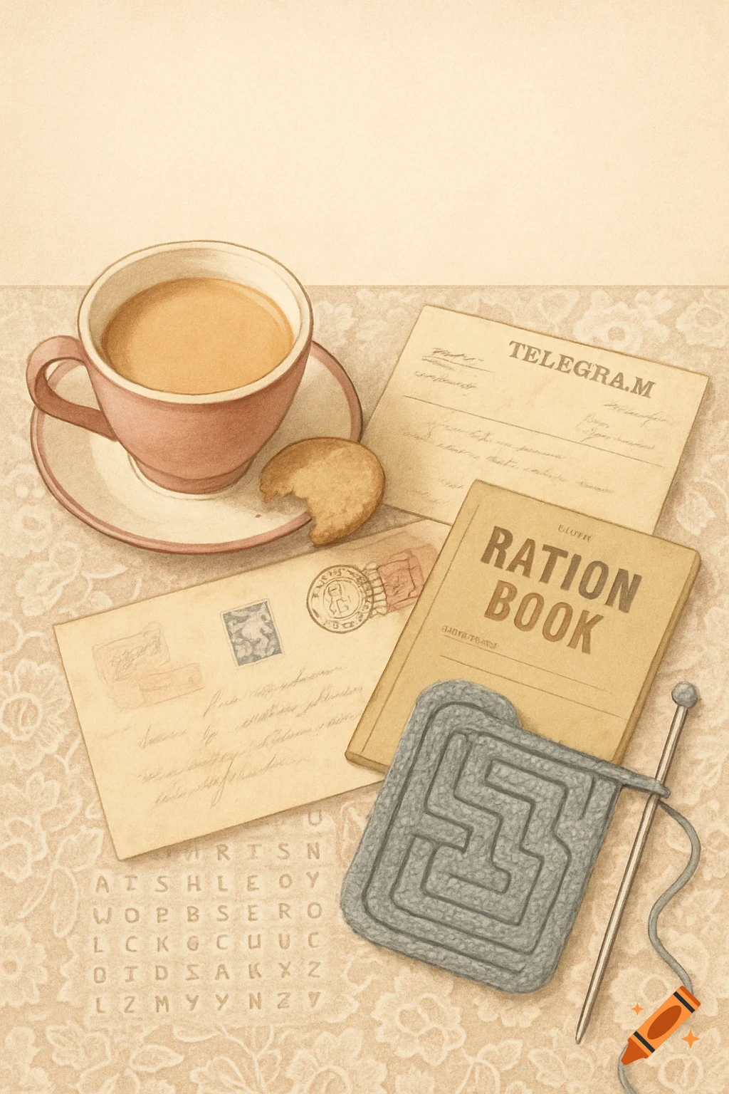 Vintage illustration of a flat-lay scene with tea, biscuit, telegram, ration book, knitting project, letters, and a word search pattern on a tablecloth.