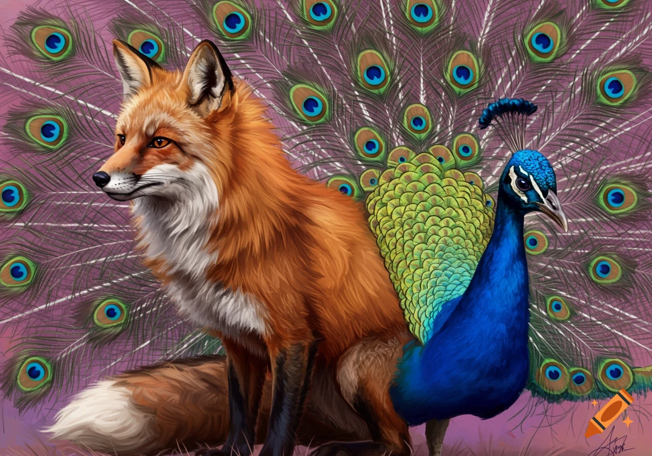 A fantasy illustration of a fox mixed with a peacock, showing the fox's head and body blended with a peacock's neck, head, and iridescent tail feathers against a purple background.