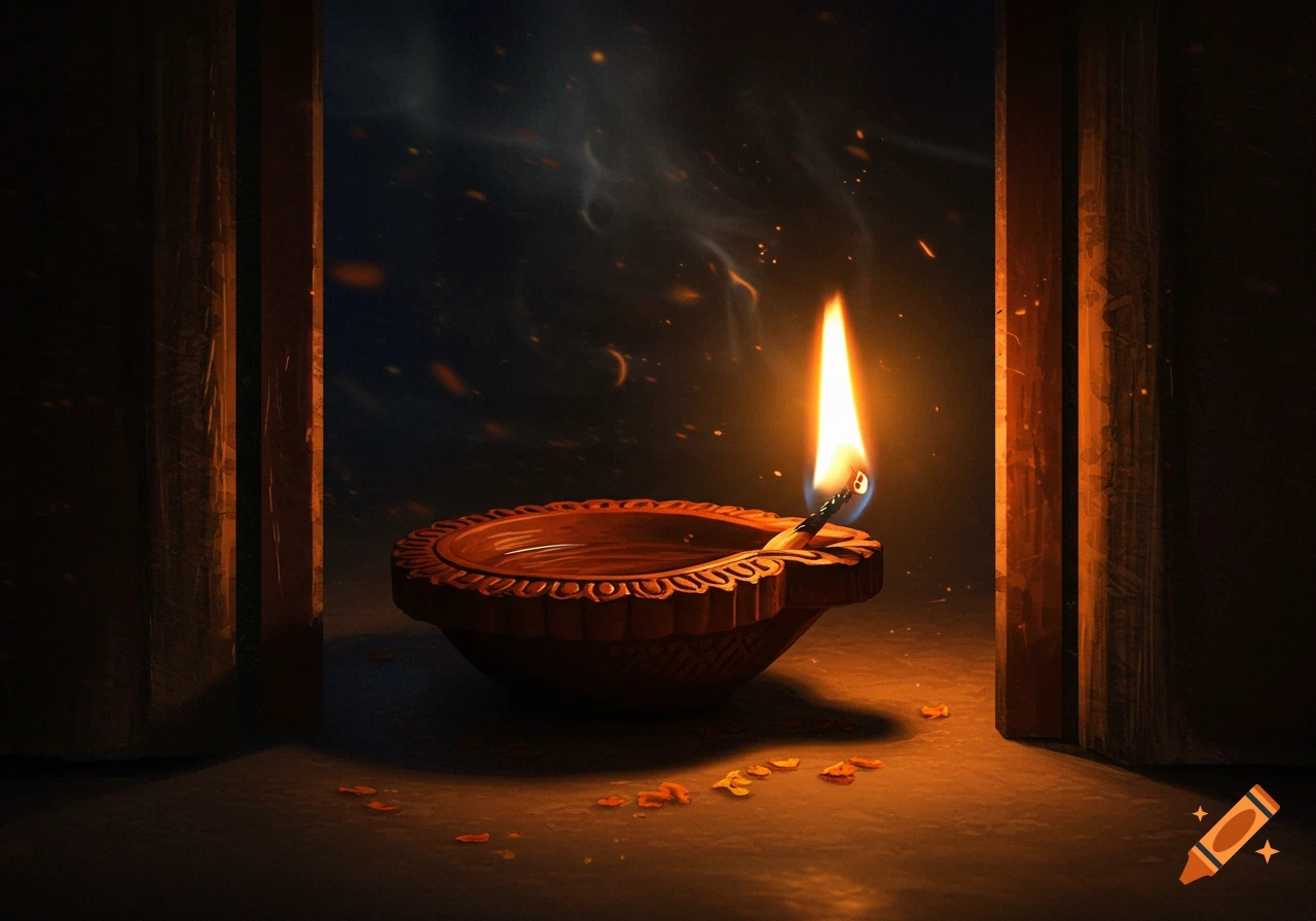 A lit diya in a doorway at night.