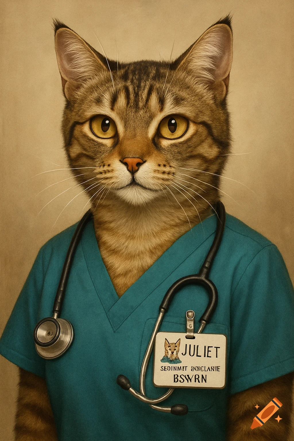 A cat wearing teal nurse scrubs and a stethoscope, with a name tag.