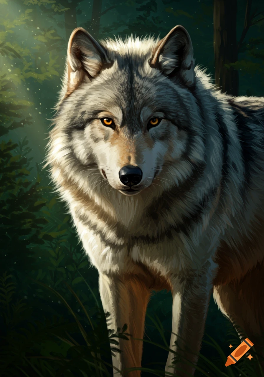 A grey wolf stands in a sunlit forest.