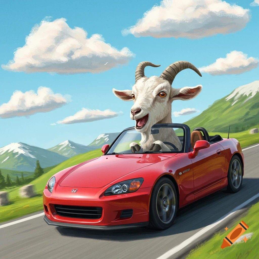 Illustration of a goat driving a red sports car on a mountain road.