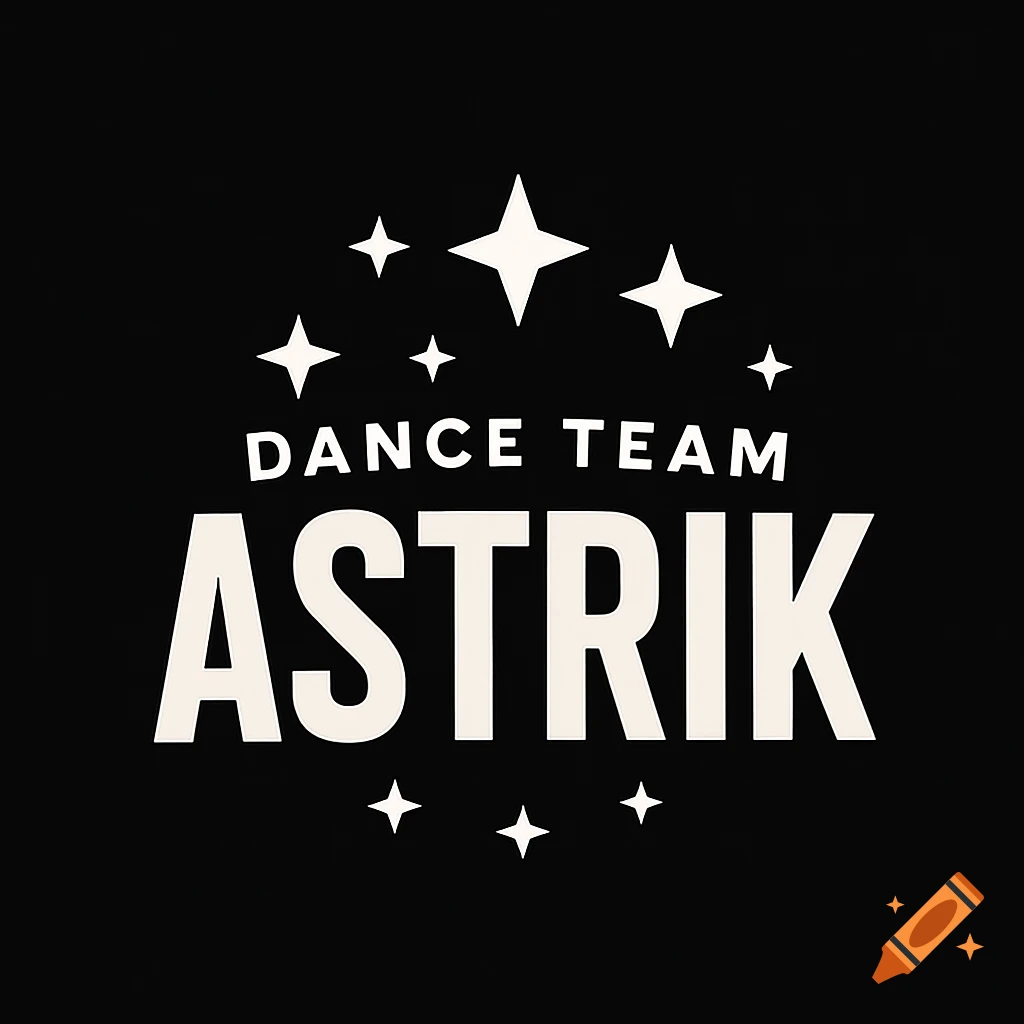 Black background logo with white text "DANCE TEAM ASTRIK" surrounded by stars.