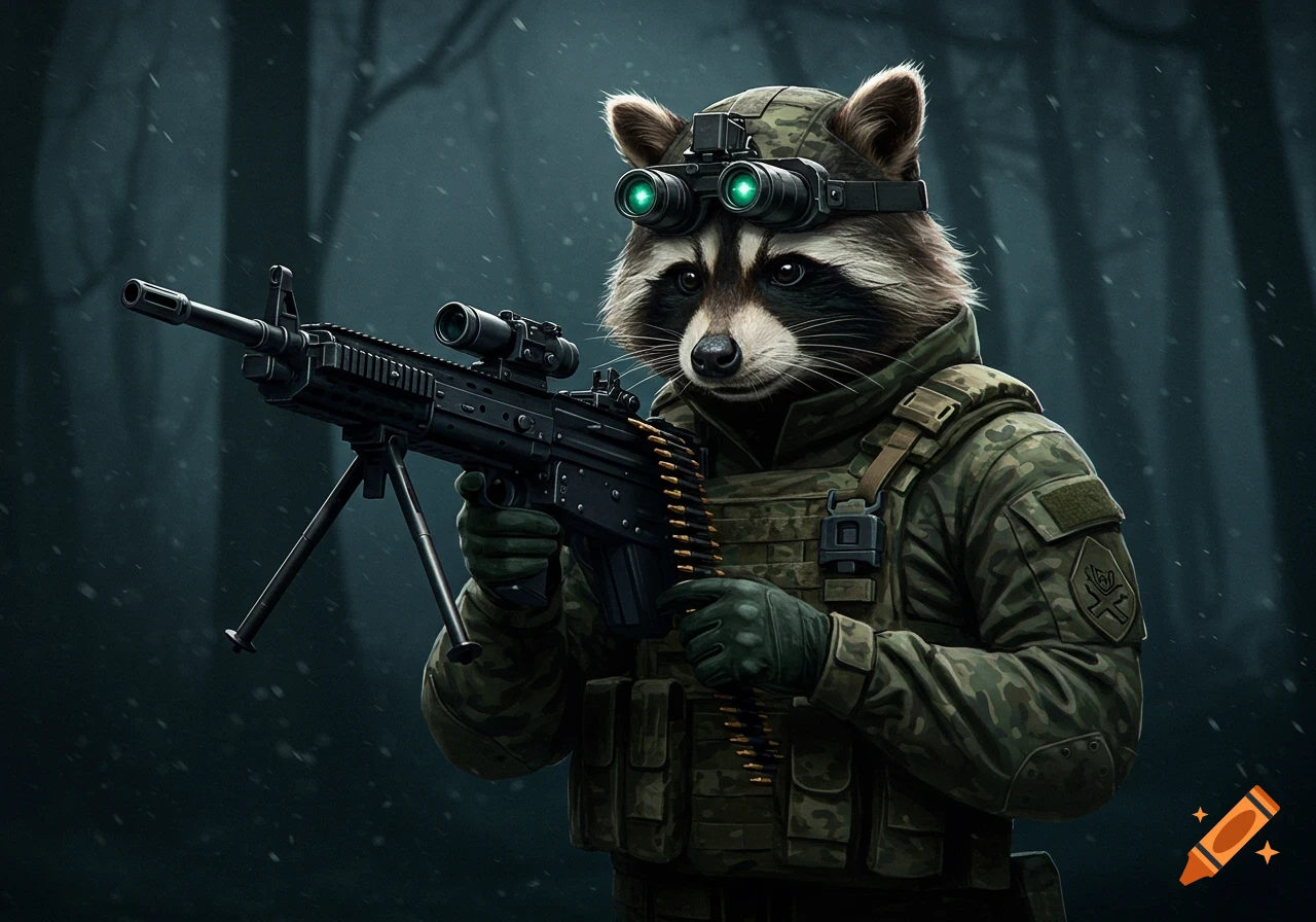 A raccoon soldier in camouflage with night vision goggles holding a machine gun.