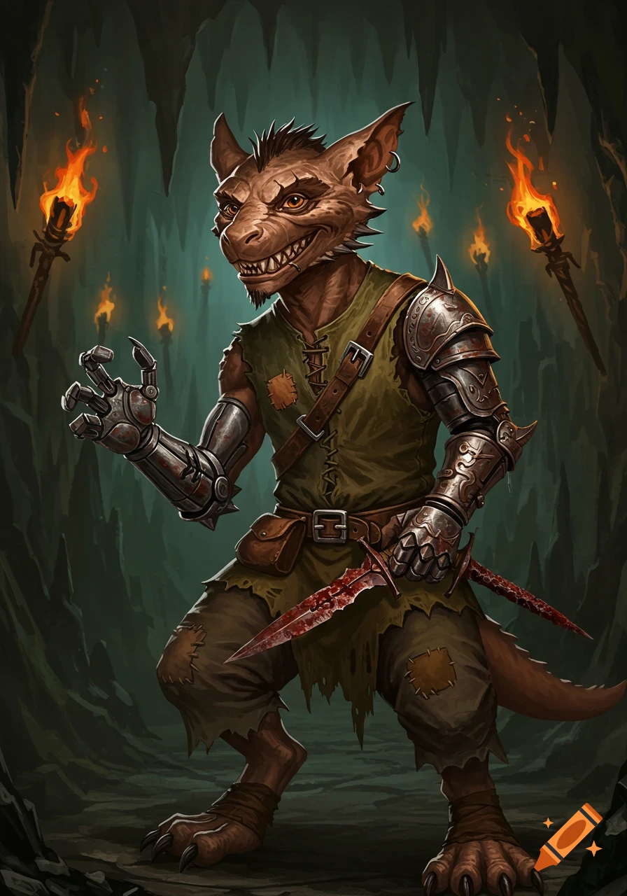 A fantasy creature with a metal arm and bloody dagger is in a torchlit cave.