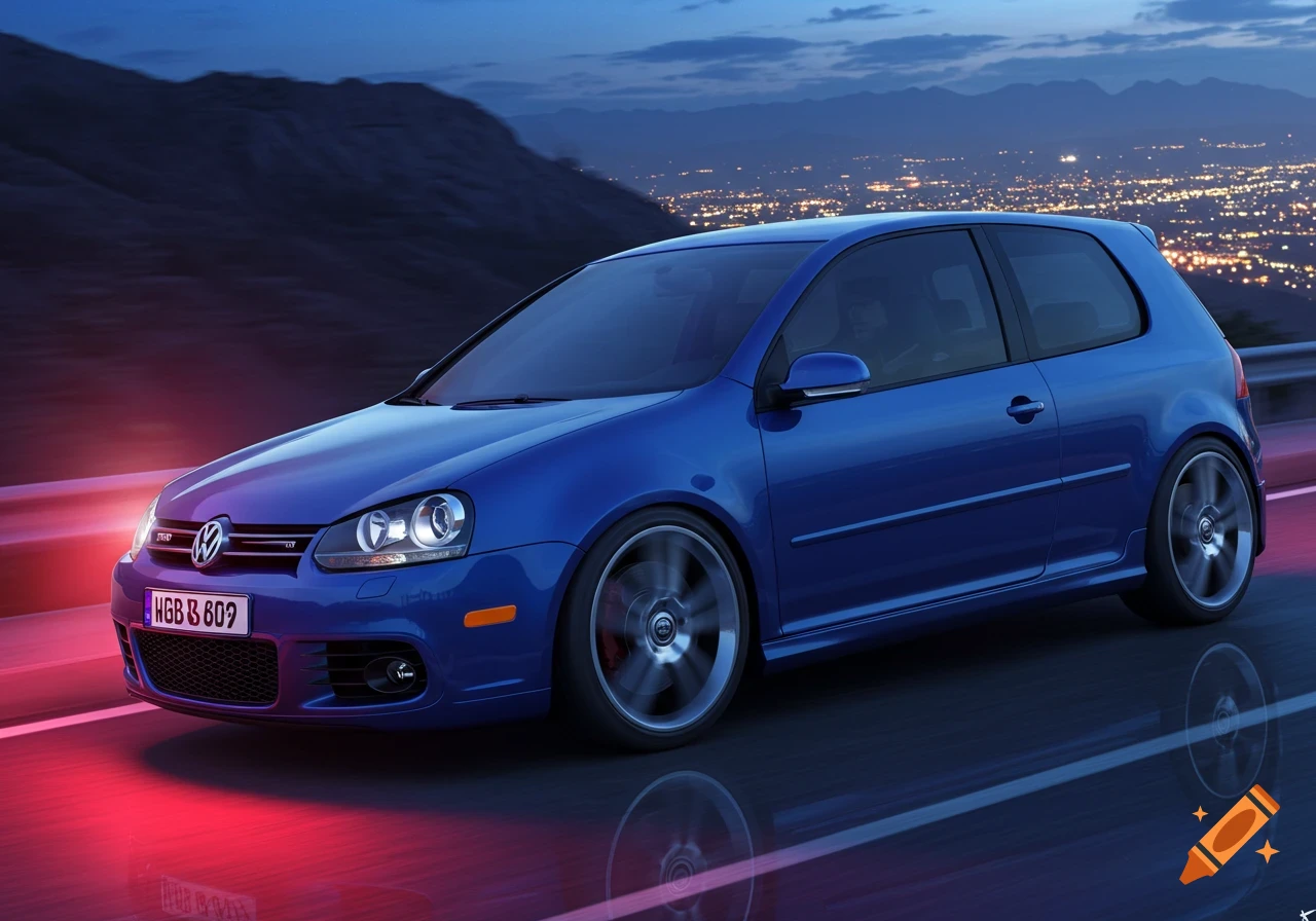 A blue Volkswagen Golf drives on a road at night with city lights in the background.