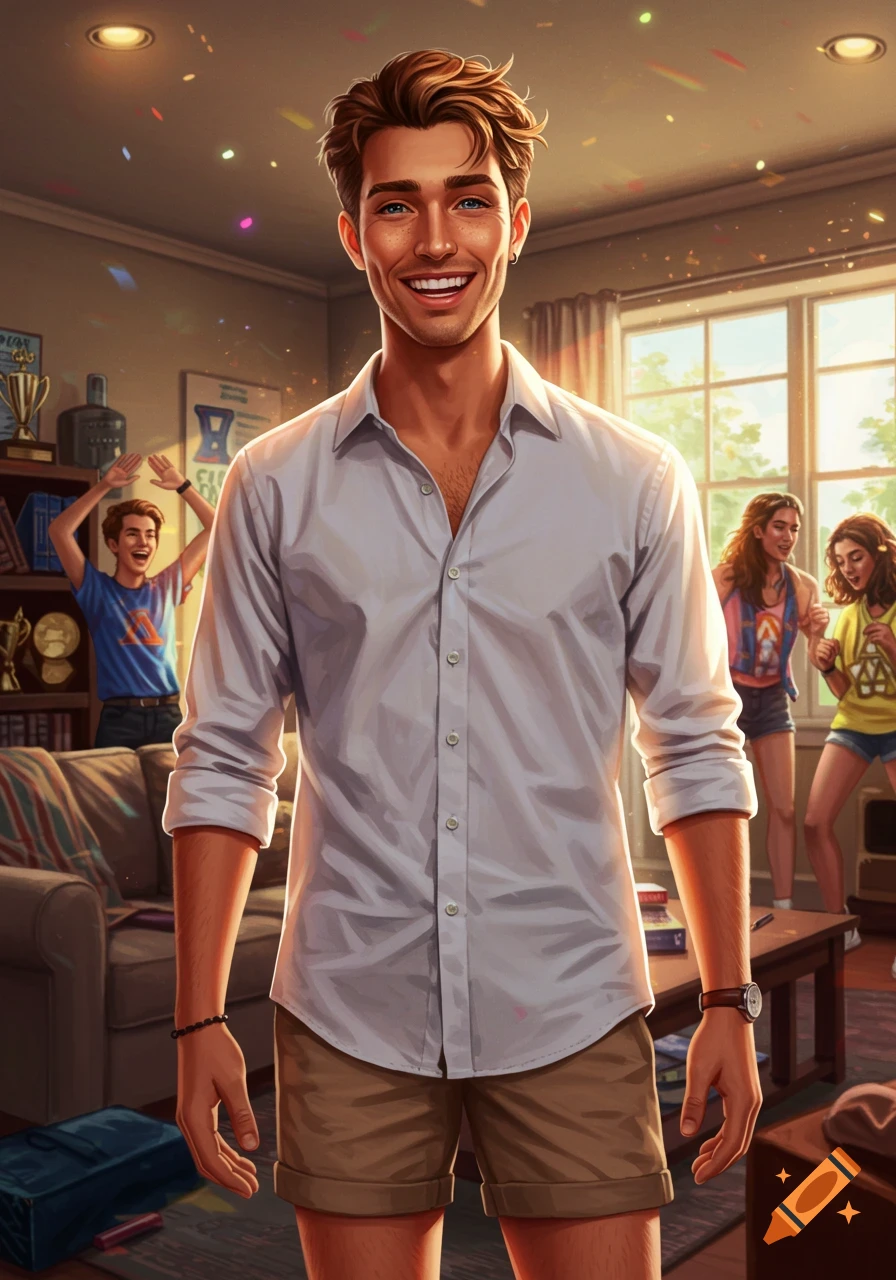 A smiling man in a white shirt and shorts stands in a room with confetti, as other people party in the background.