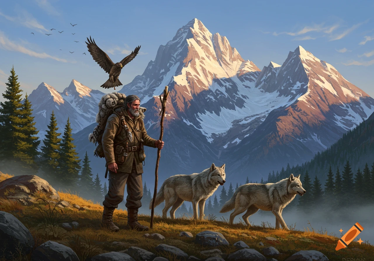 A man with a pack and stick walks with two wolves past mountains as a hawk flies overhead.