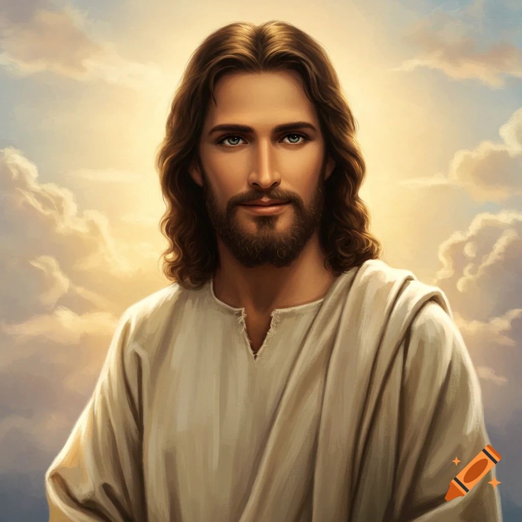 Painting of Jesus with long brown hair and beard against a cloudy sky.