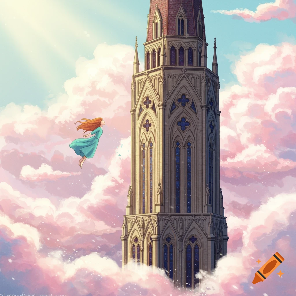 A girl in a blue dress flies beside a tall, ornate tower amidst pink clouds with sunbeams filtering through.