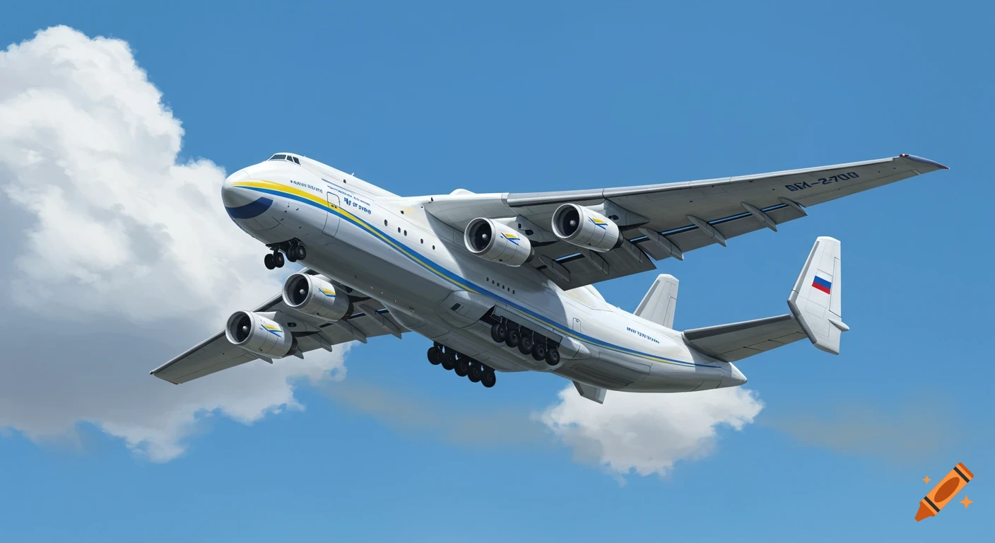 A large cargo airplane flies through a partly cloudy sky.