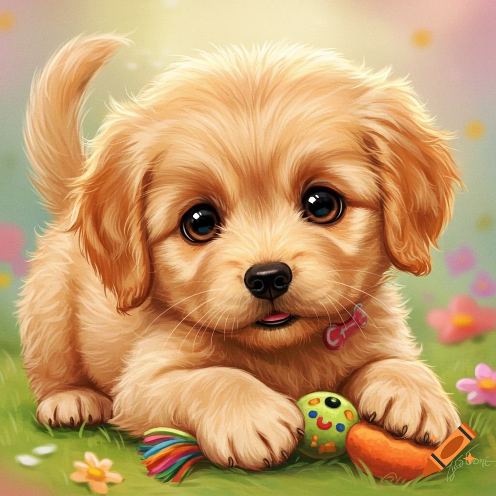 A cute golden retriever puppy sits in a field of colorful flowers with ...