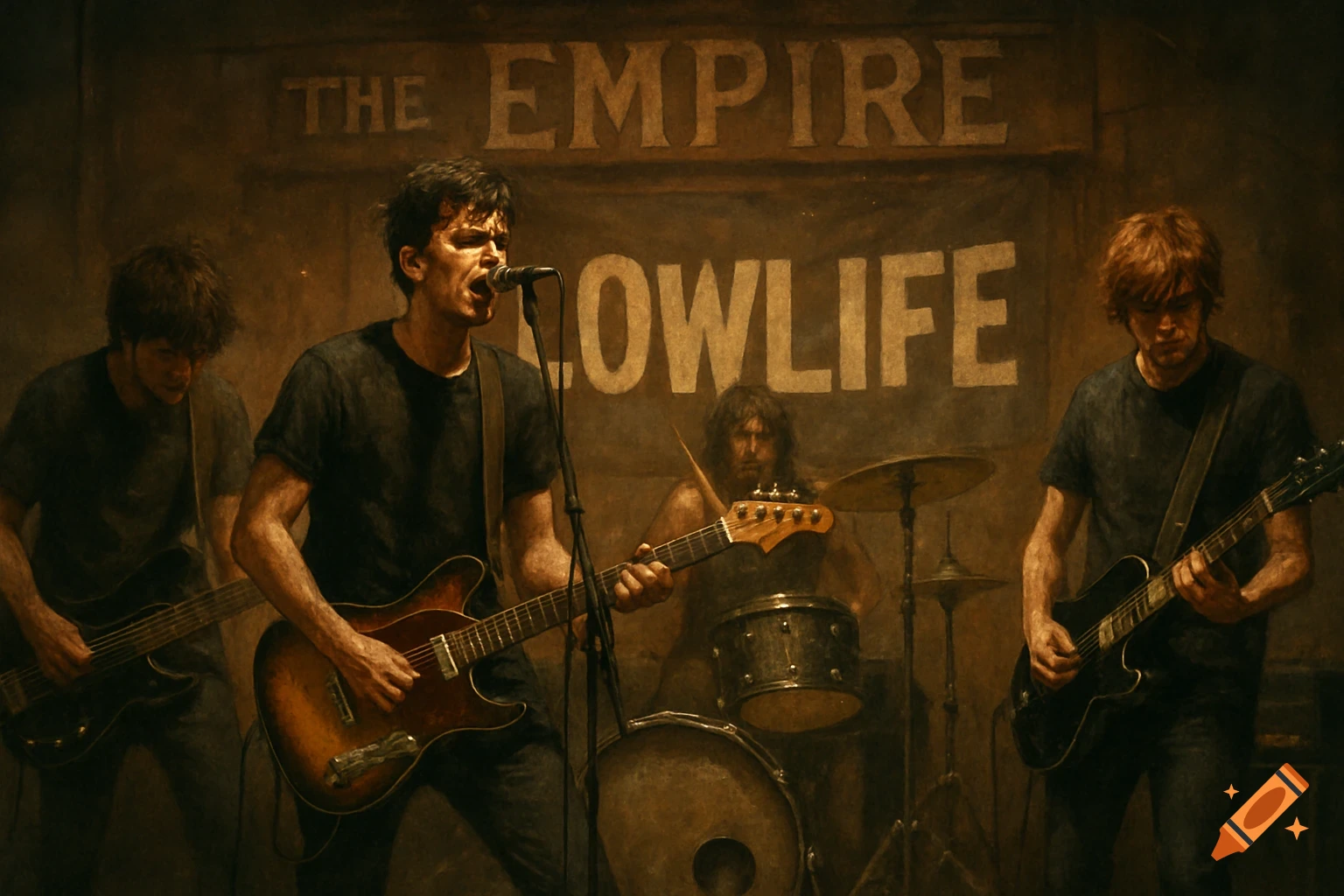 A four-piece rock band plays on stage with a banner reading 'THE EMPIRE LOWLIFE'.