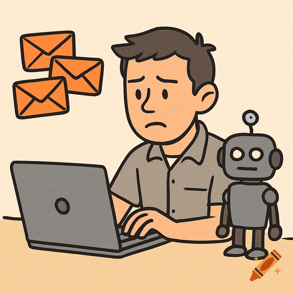 Cartoon illustration of a stressed man at a laptop with email icons and a robot.