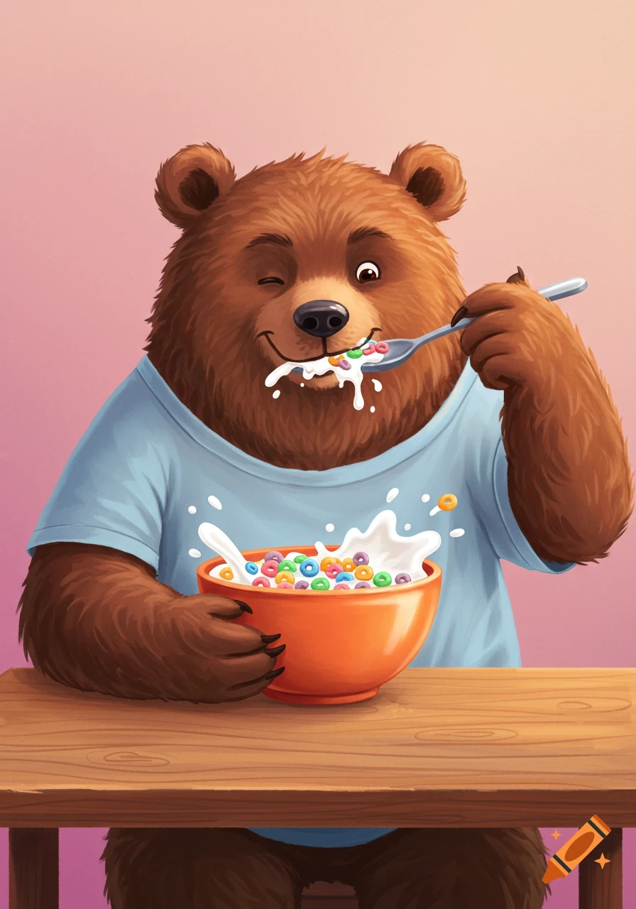 Cartoon bear eating a bowl of colorful cereal with a spoon, winking.