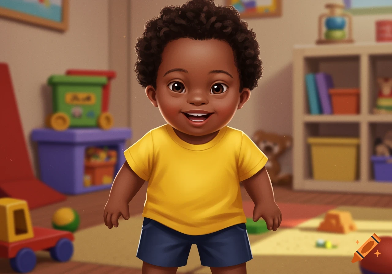 Smiling Black toddler in a yellow shirt and blue shorts stands in a colorful playroom with toys. Stylized illustration.