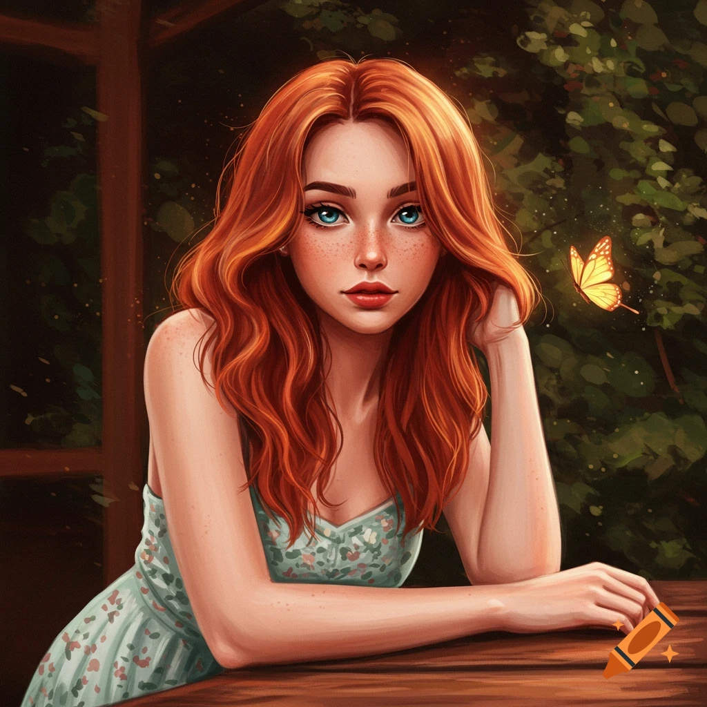 Digital painting of a young woman with red hair and freckles sitting at a table with a butterfly