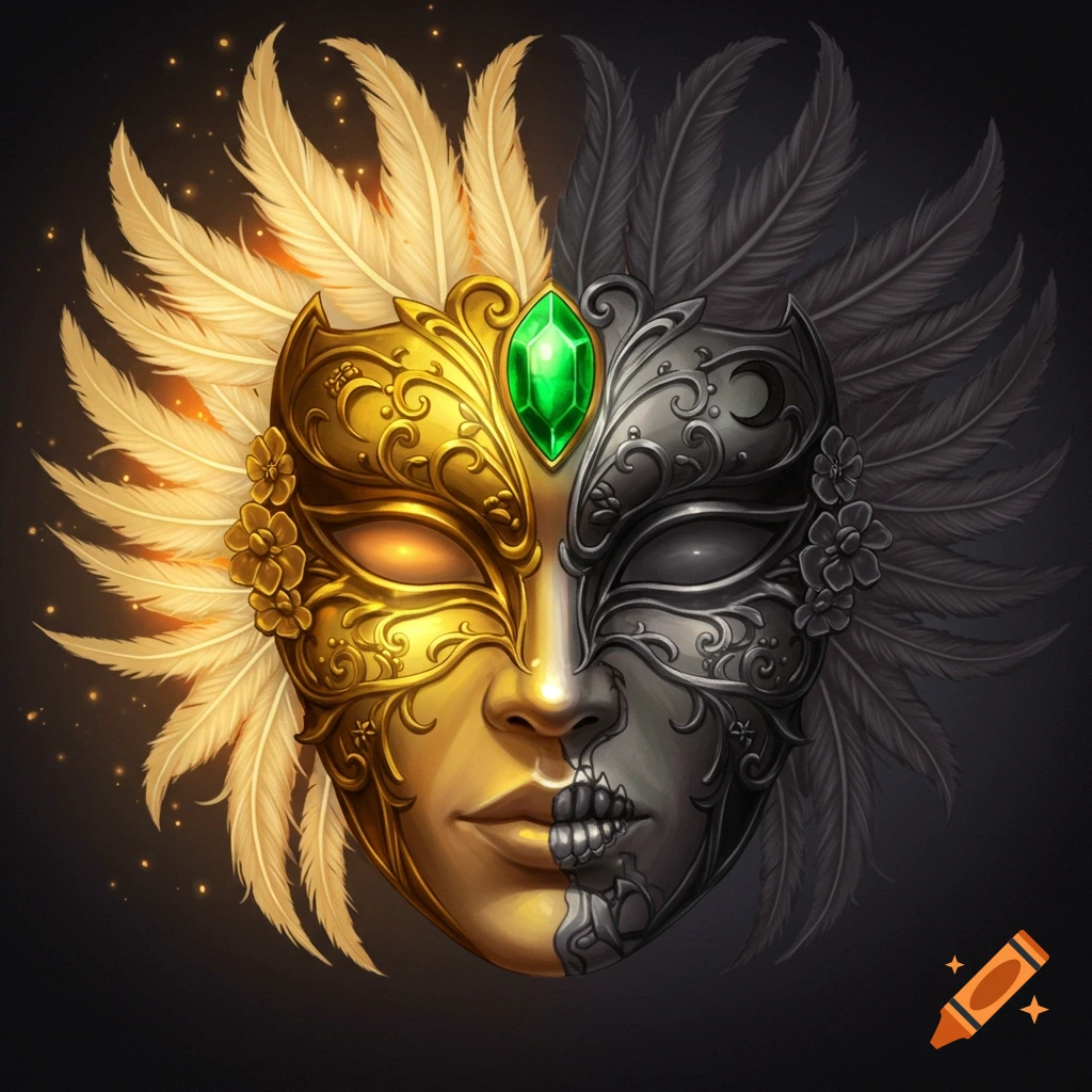 A split fantasy mask, one side gold and illuminated with white-gold feathers, the other dark silver with black-grey feathers. A green gem is at the forehead.