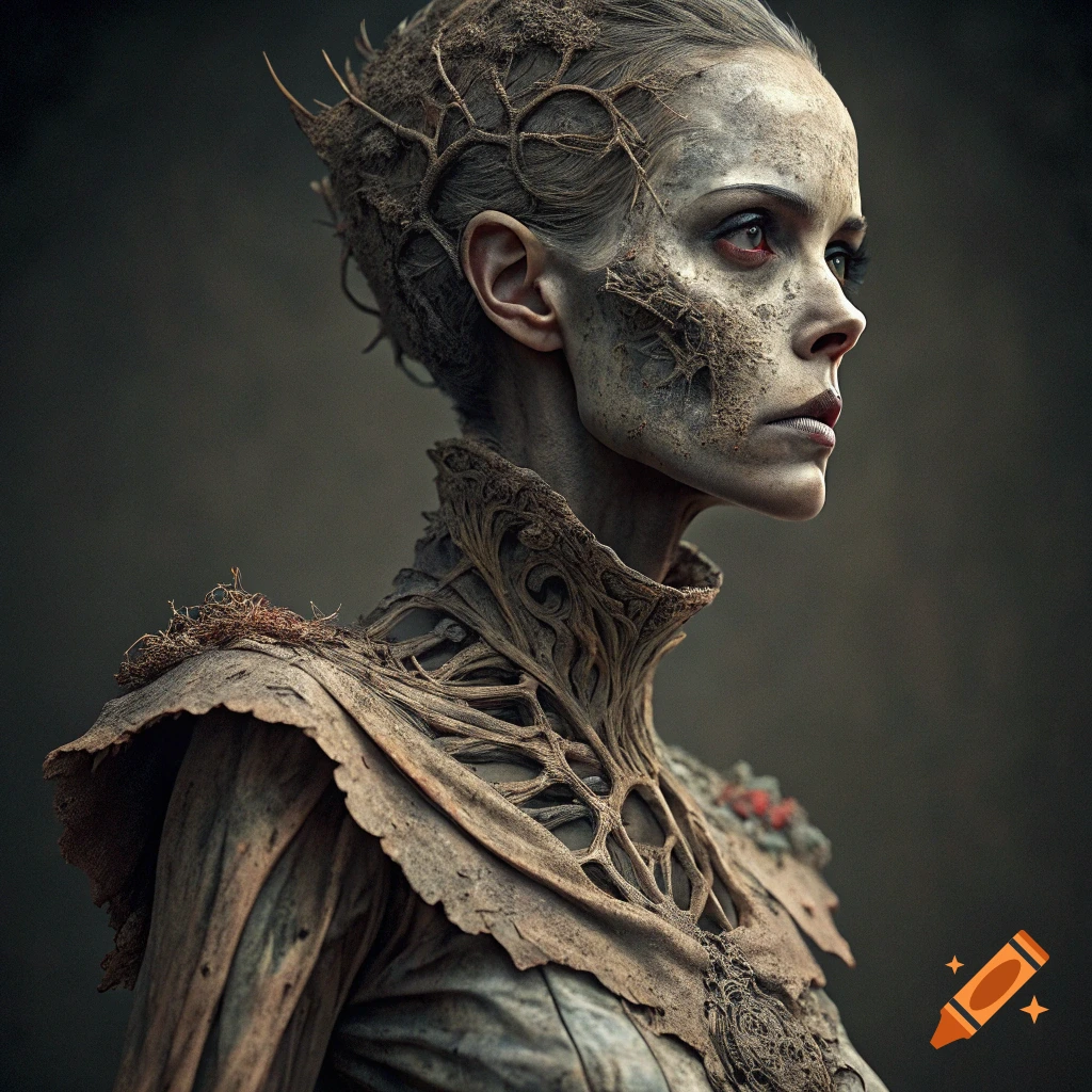 Profile of a woman with decayed, textured skin and clothing inspired by Alexander McQueen fashion.