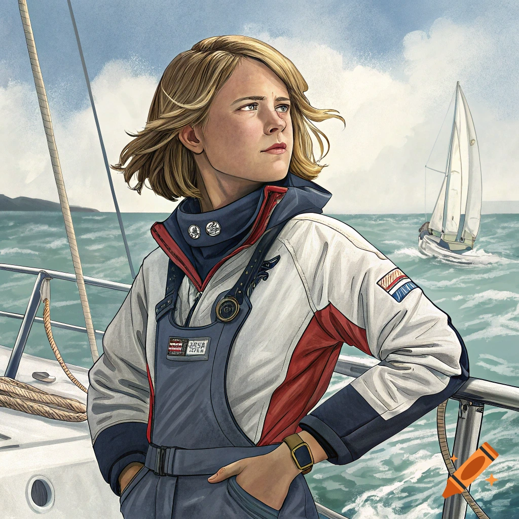 Illustration of a young woman in sailing gear on a boat, looking out at the sea with another sailboat in the distance.