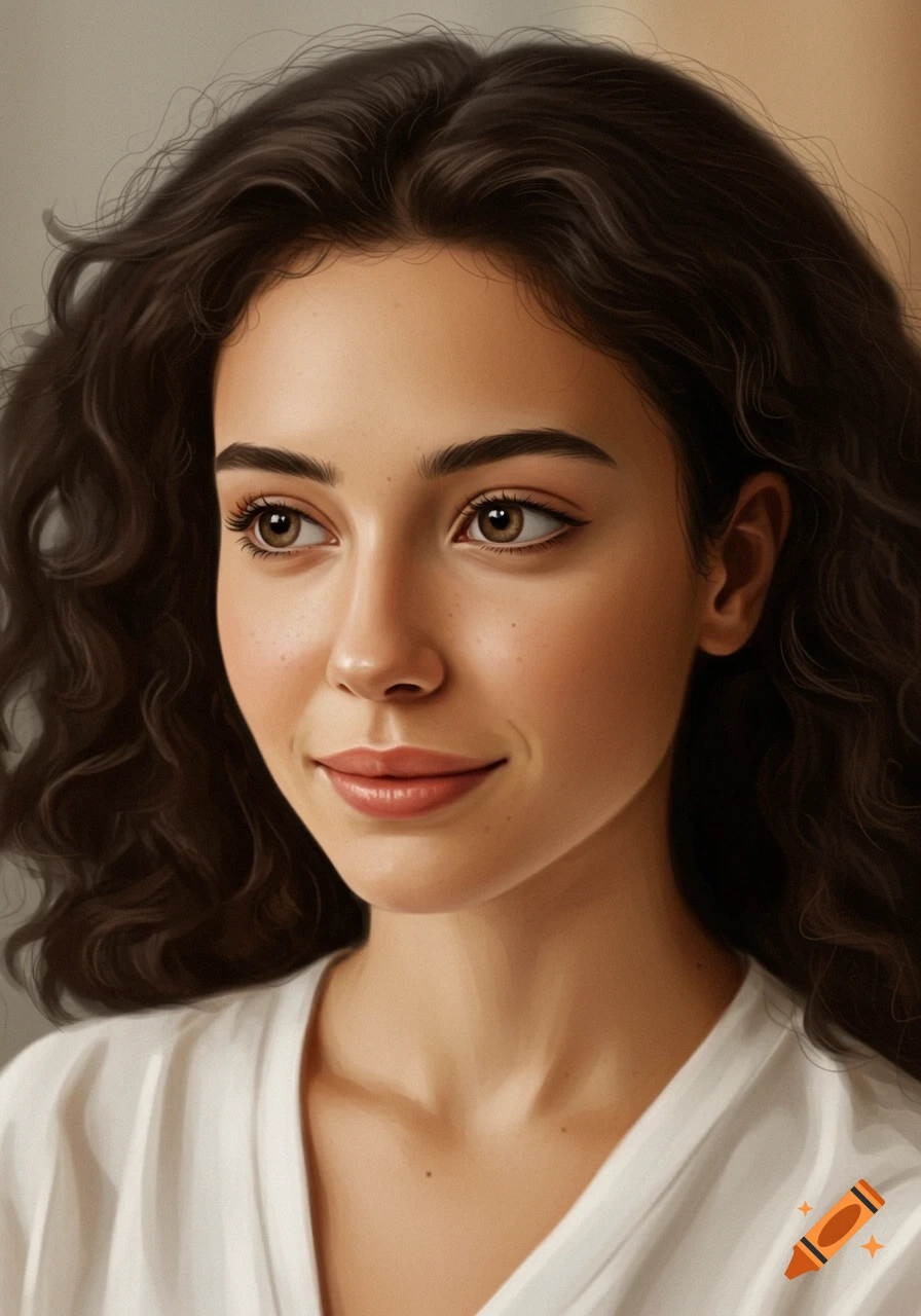 Digital painting portrait of a young woman with curly brown hair and ...