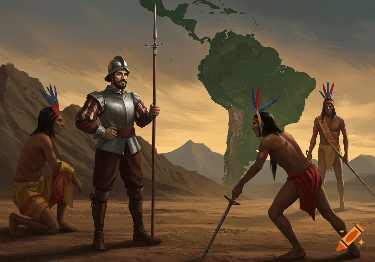 A conquistador and indigenous people are gathered before a map of South America.