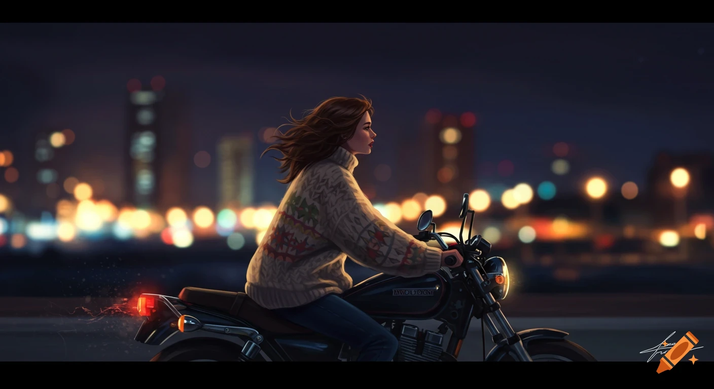 A woman is riding a motorcycle at night with blurry city lights.