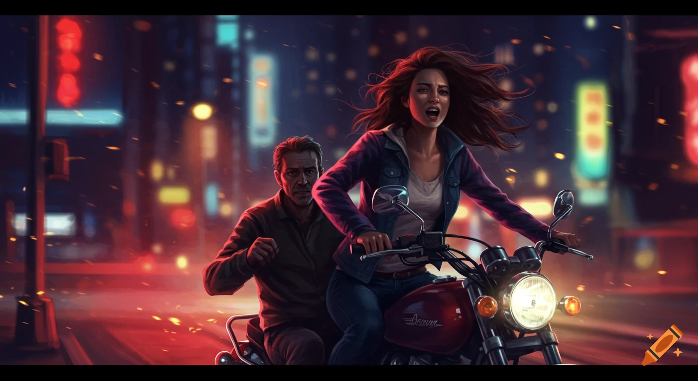 A woman and man on a motorcycle at night in a city street.