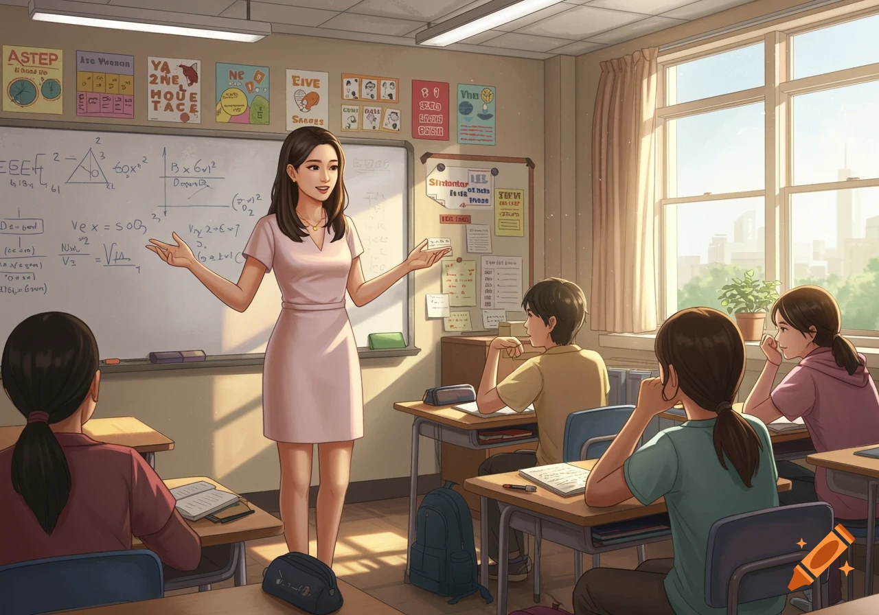 Illustration of a teacher standing in front of a whiteboard in a classroom with students.