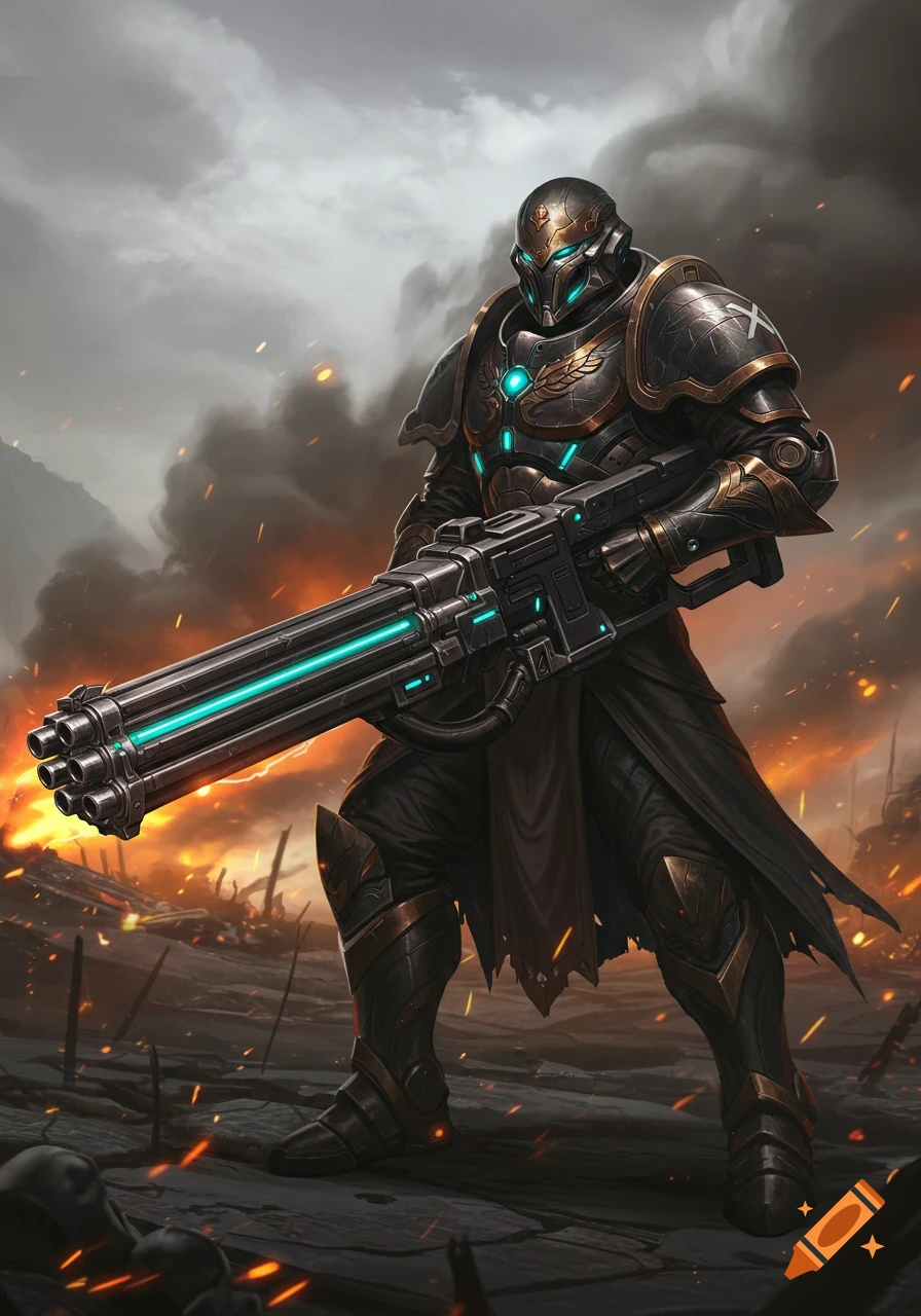 Armored futuristic warrior with large multi-barreled weapon on a fiery battlefield, digital art.