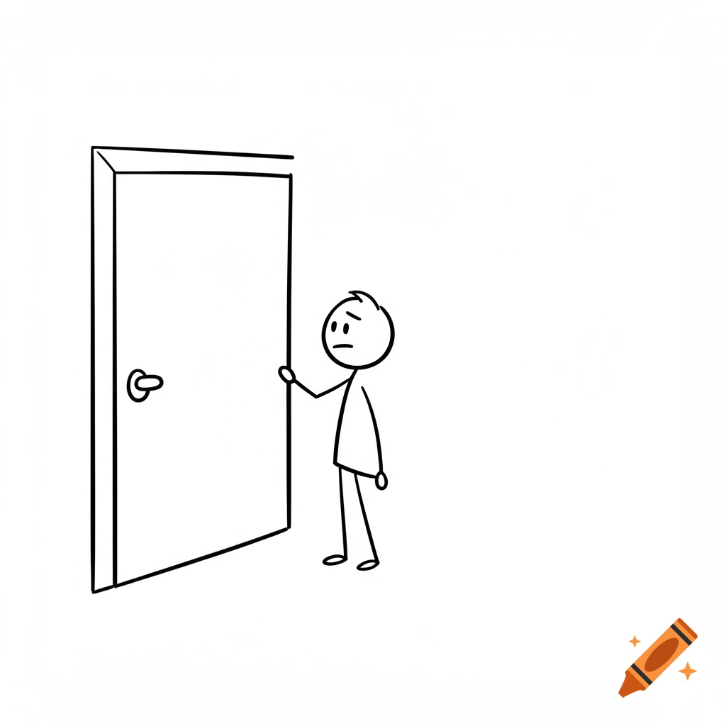 Stick figure standing next to a door.