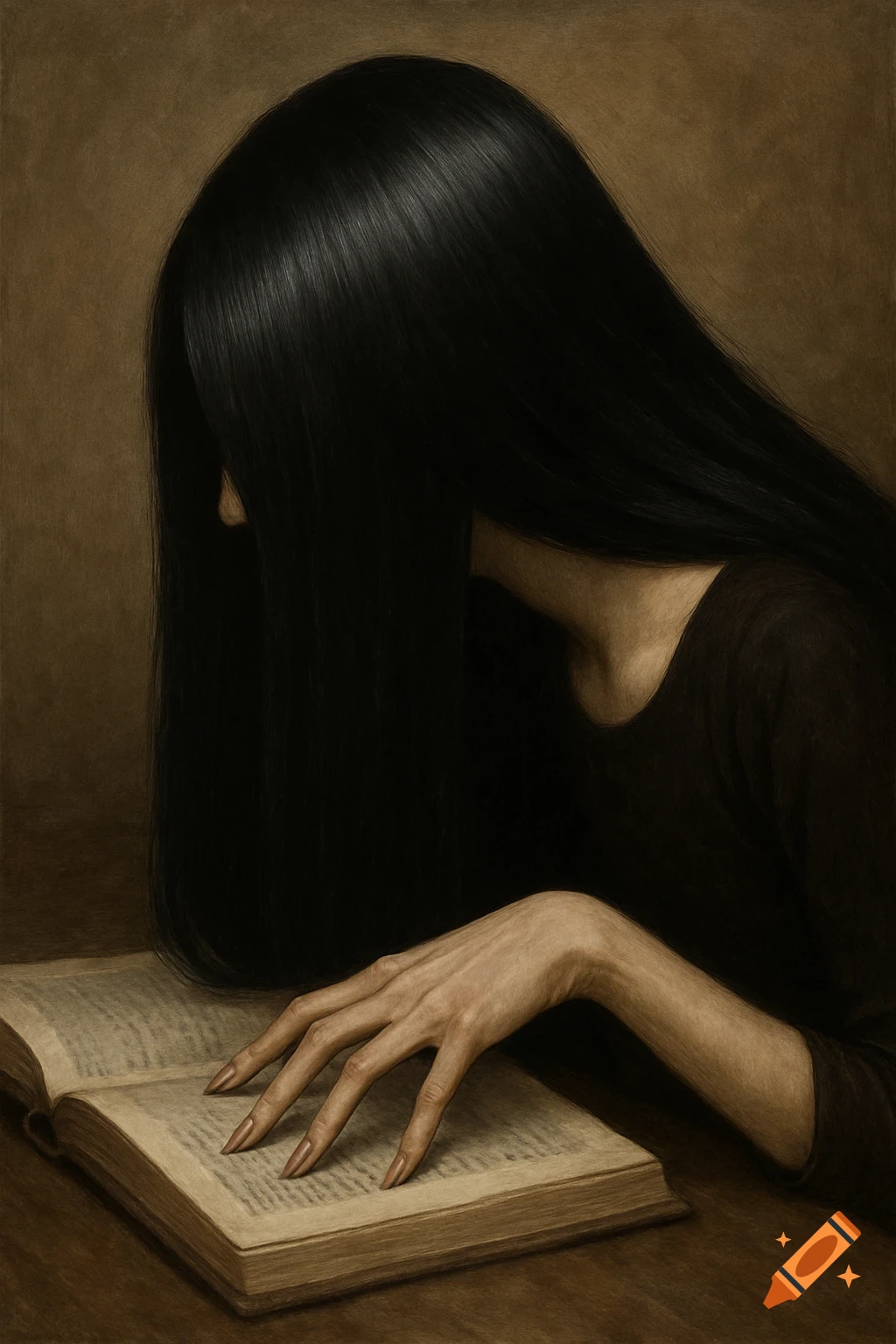 A person with long black hair covering their face, reading an open book with their hand on the page.