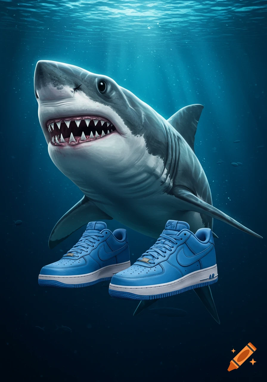 A great white shark swims underwater wearing blue sneakers.