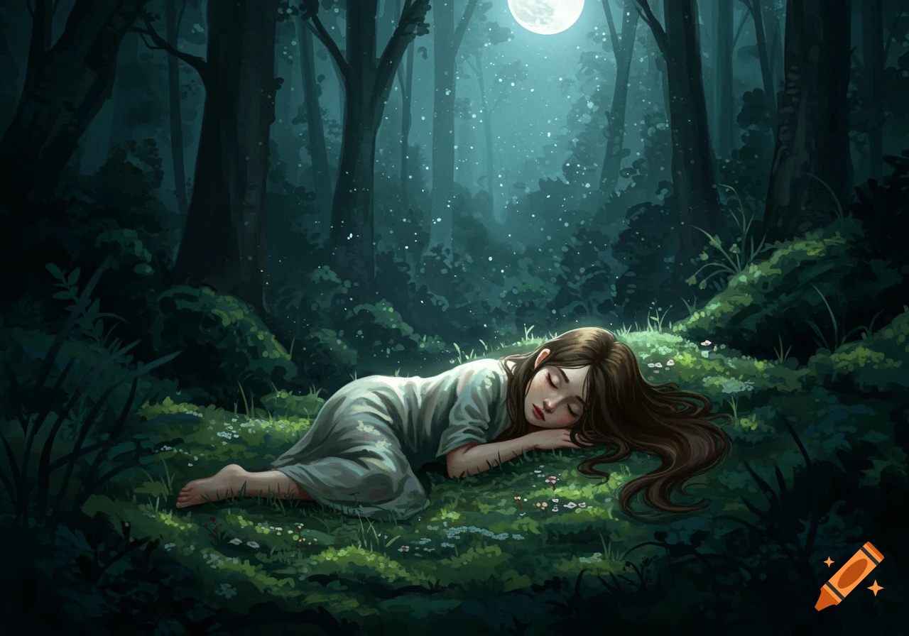 An illustration of a girl sleeping on the ground in a dark forest under moonlight.