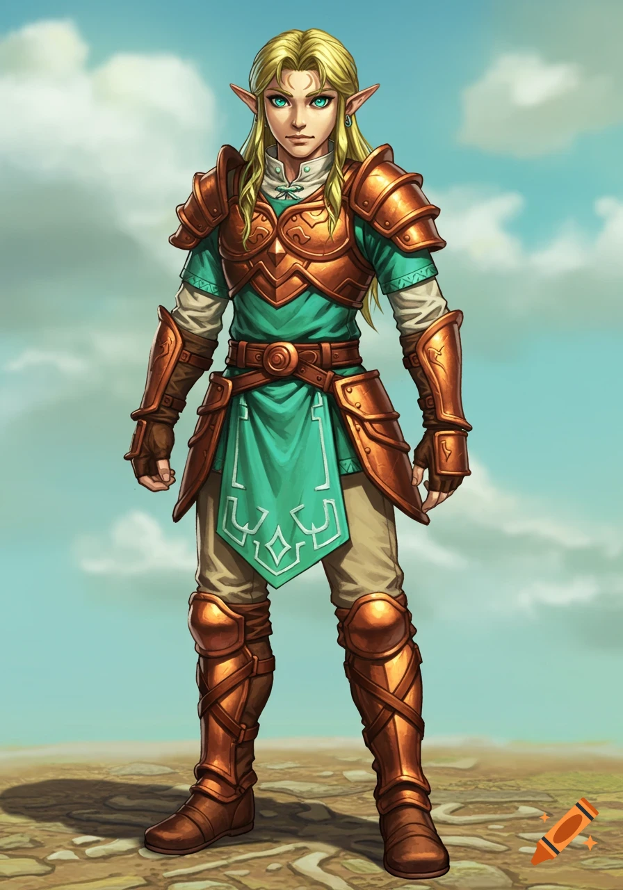 Full body illustration of a fantasy character resembling Link wearing copper armor and a turquoise tunic.