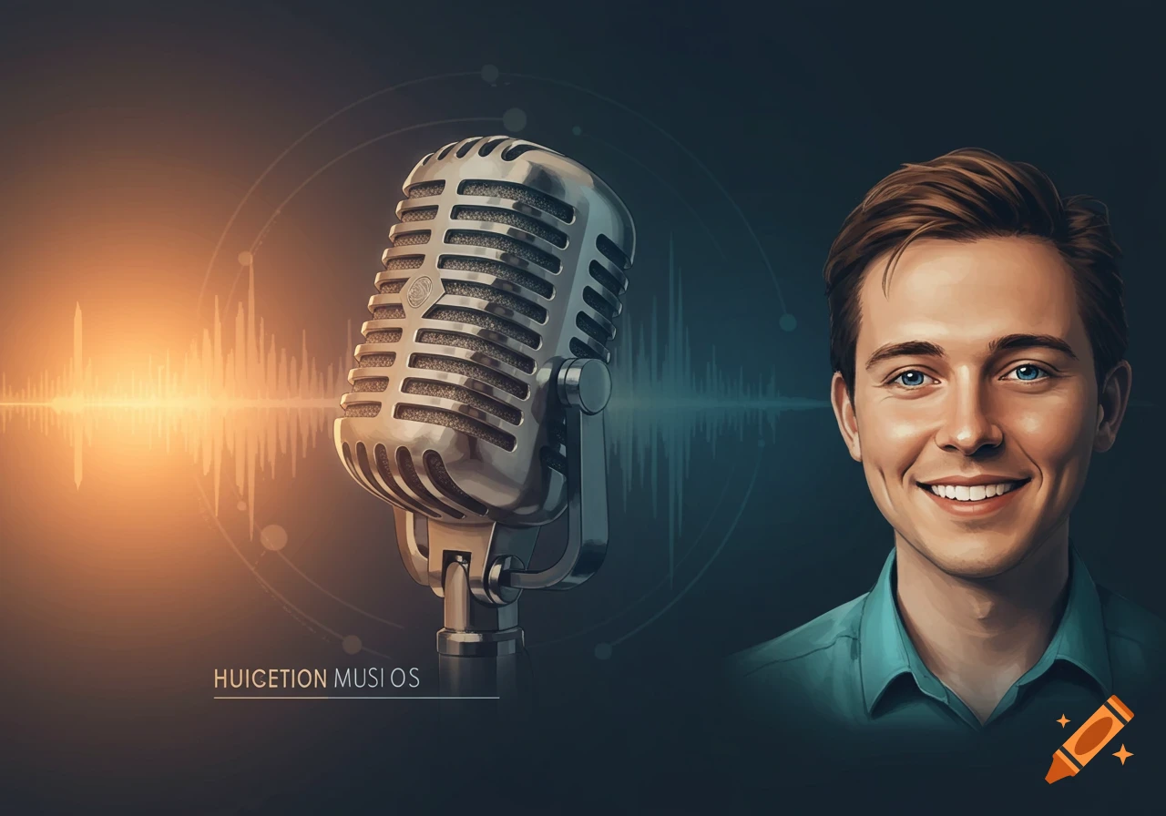 Smiling man next to a vintage microphone with a soundwave graphic in digital art style