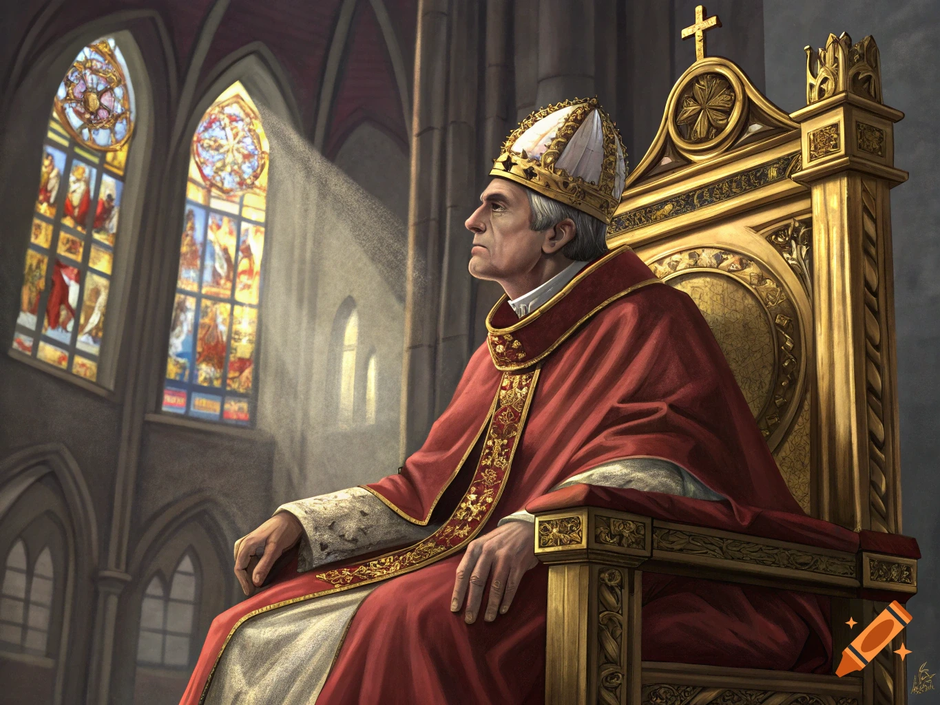 A man dressed as a pope sits on a golden throne inside a church with stained glass windows.