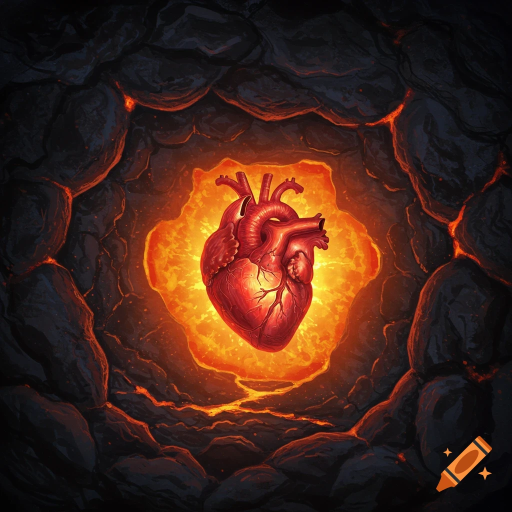 Anatomical heart glows inside a rocky cave with lava.