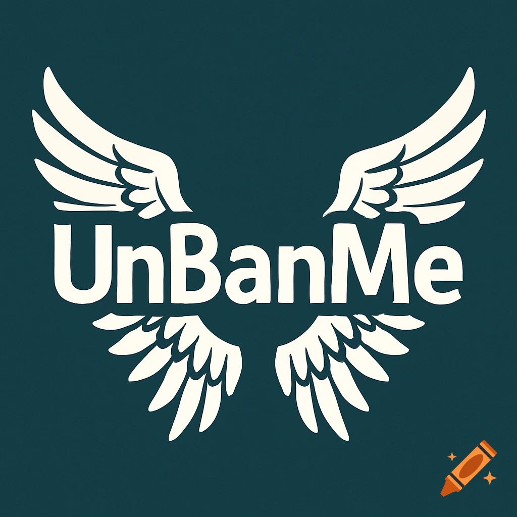 Logo with the text UnBanMe and white wings