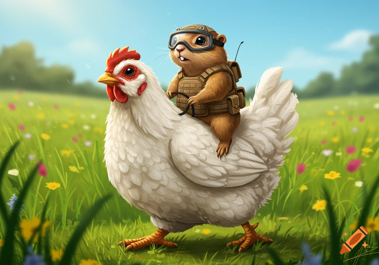 Gopher Ride On Cute illustration of a panda and a rooster touching noses in a field of ...