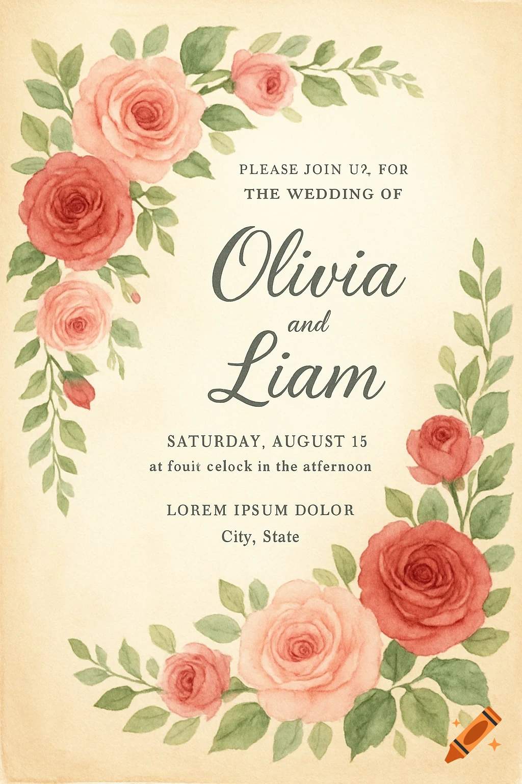 Wedding invitation with watercolor flowers.