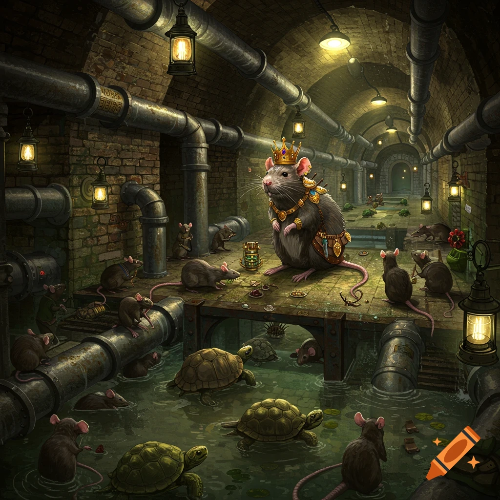 A large rat queen wearing a crown sits on a platform in a sewer, surrounded by other rats and turtles in the water. Lanterns illuminate the brick and pipe tunnel.