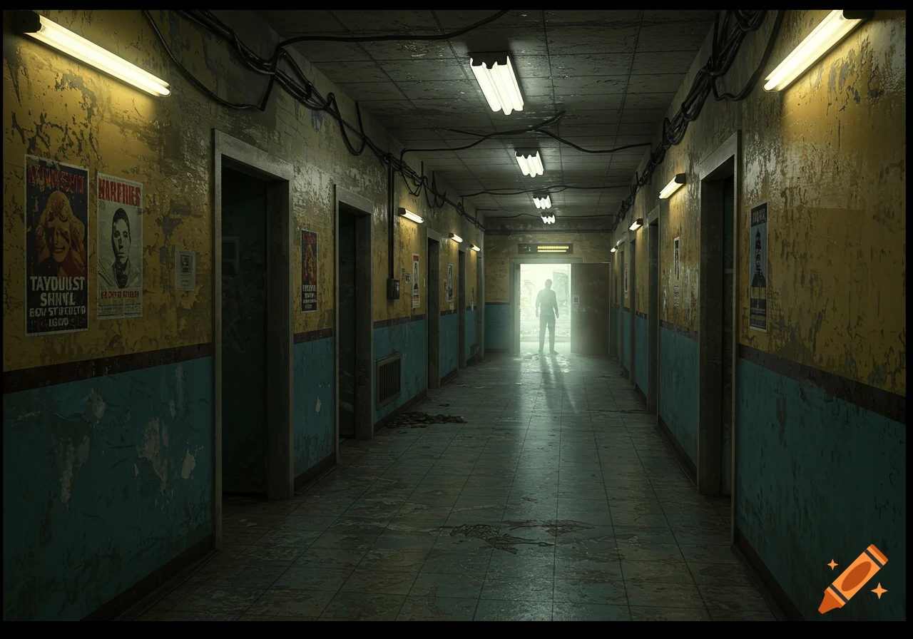 Long, dimly lit, decaying hallway with peeling paint, fluorescent lights, posters on the walls, and a silhouetted figure standing in a bright doorway at the far end.