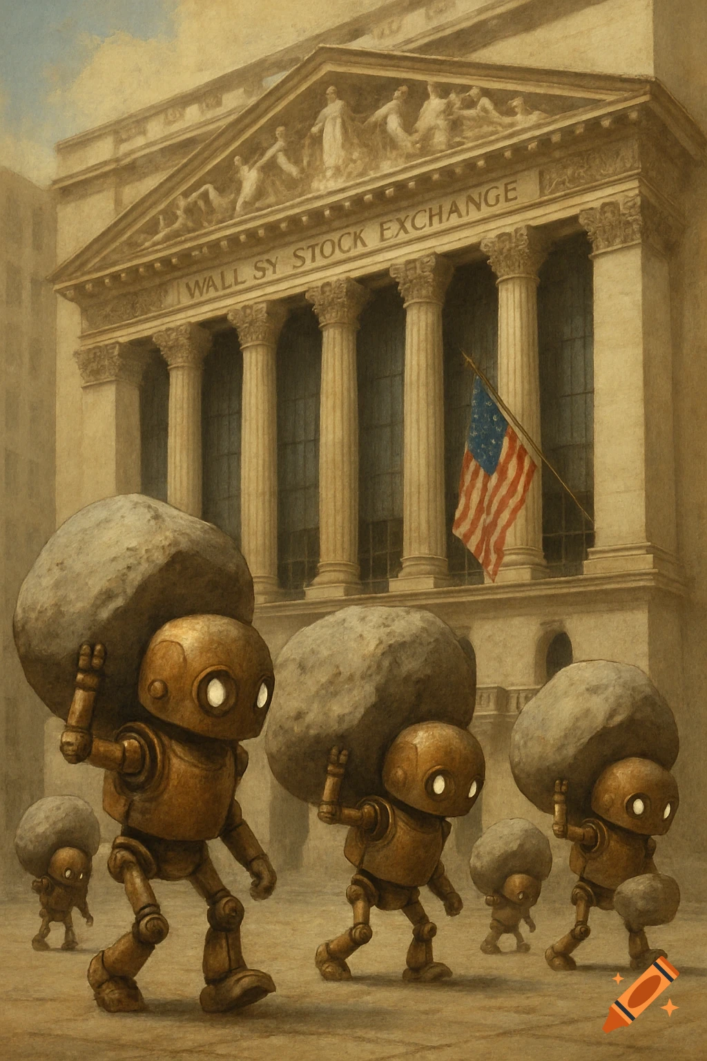 Small robots are carrying large stones in front of the Wall Street Stock Exchange.