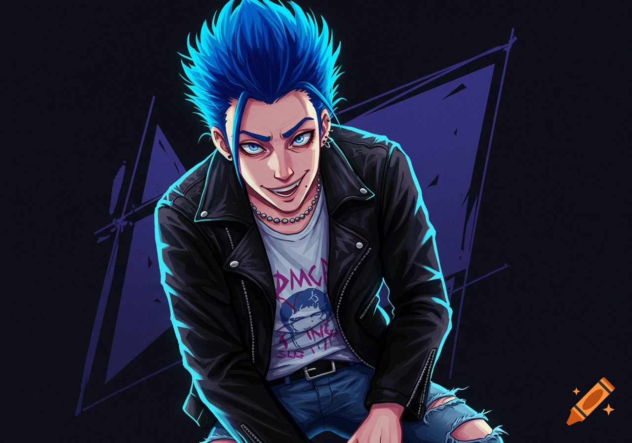 Anime illustration of a punk person with blue spikey hair, leather jacket, and ripped jeans