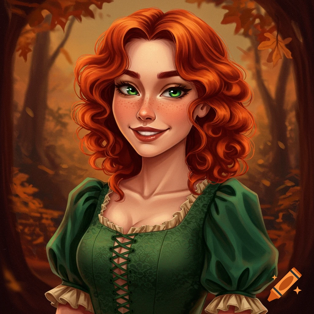 A red-haired woman in a green dress in an autumn forest.