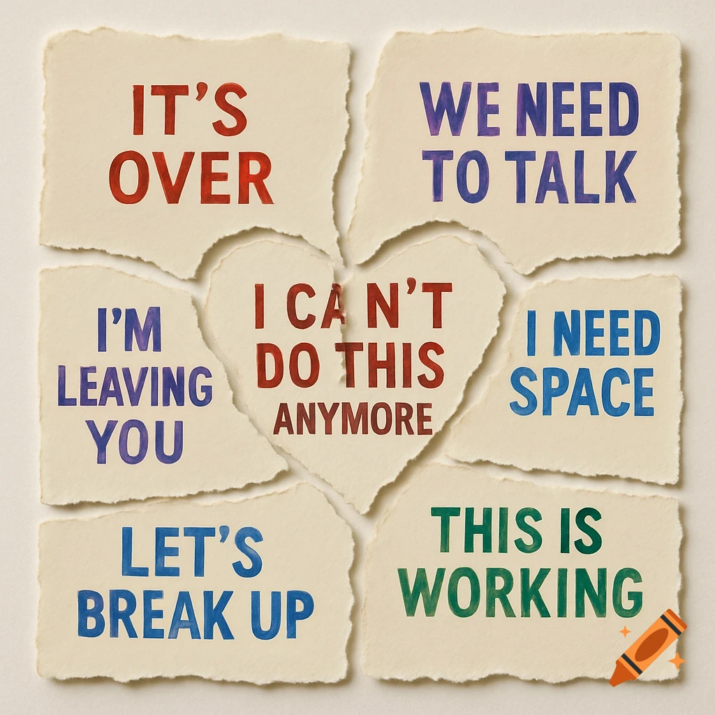 Torn paper pieces with breakup texts like 'IT'S OVER', 'WE NEED TO TALK' in different colors arranged around a heart shape.