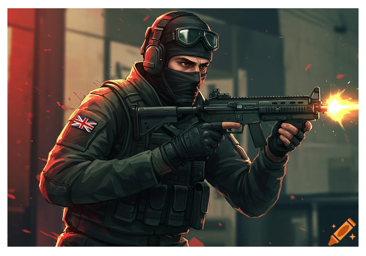 Digital painting of a tactical operator with a balaclava firing a submachine gun.