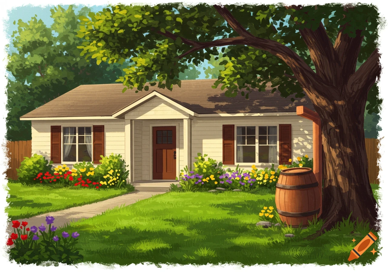 A small white house with red shutters, a garden, a large tree, and a rain barrel in the yard.